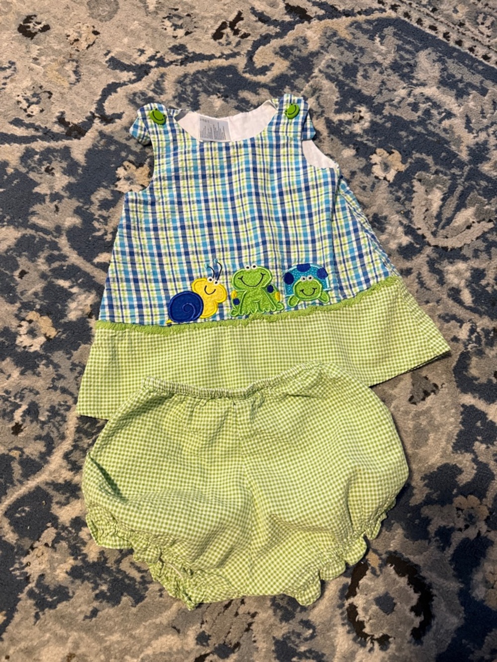 Austin & Ashley Green Plaid Baby Two-Piece Set with Frog and Snail Appliqués